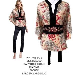 vintage 90's silk beaded‎ baby doll kimono blouse large/x large